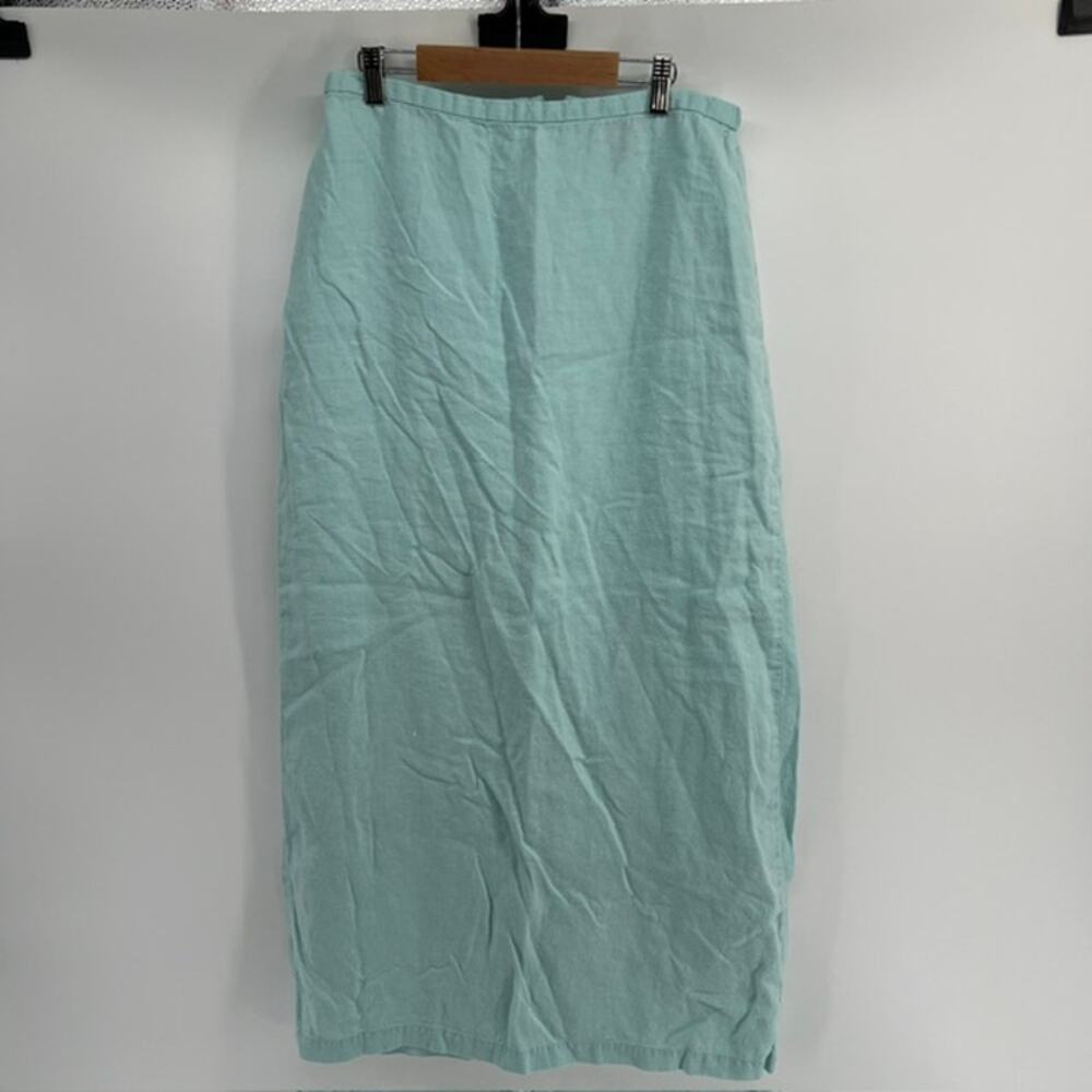 Eileen Fisher 100% Linen Maxi Skirt Womens M Light Blue Back Split ElasticWaist